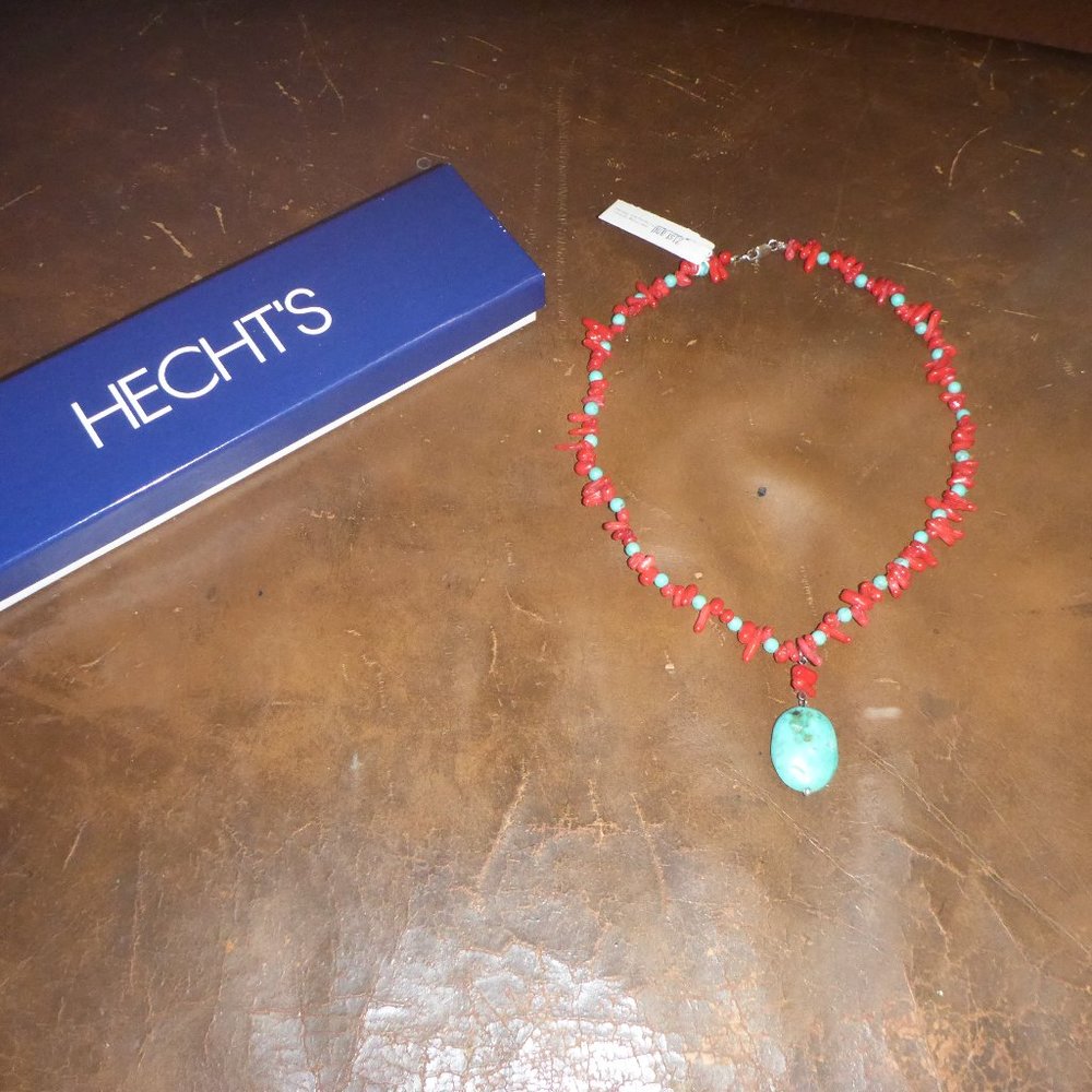 Woman's Red Coral & Turquoise Sterling Silver 16" Necklace